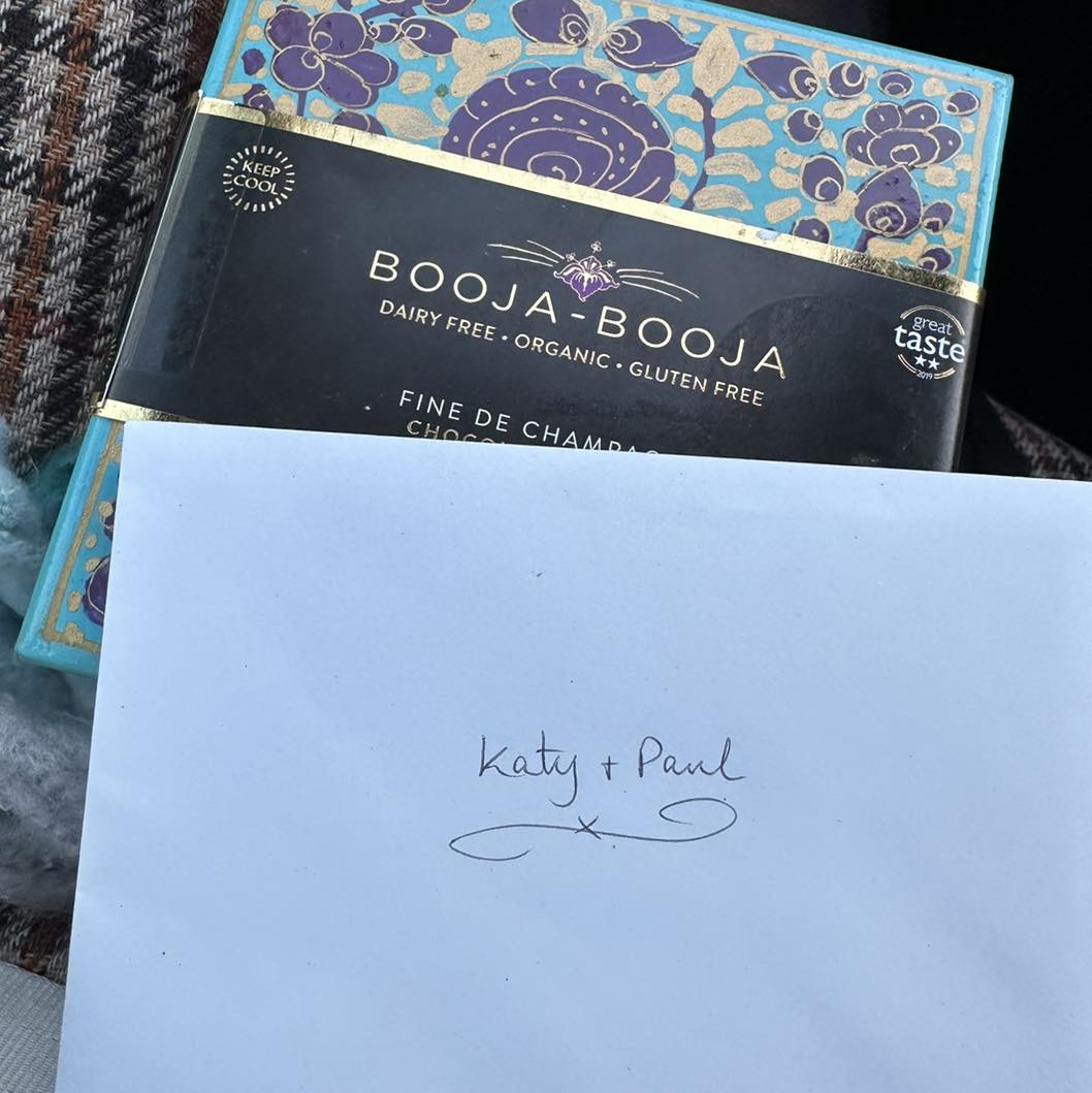 Linsey gift of card and chocolates for Katy