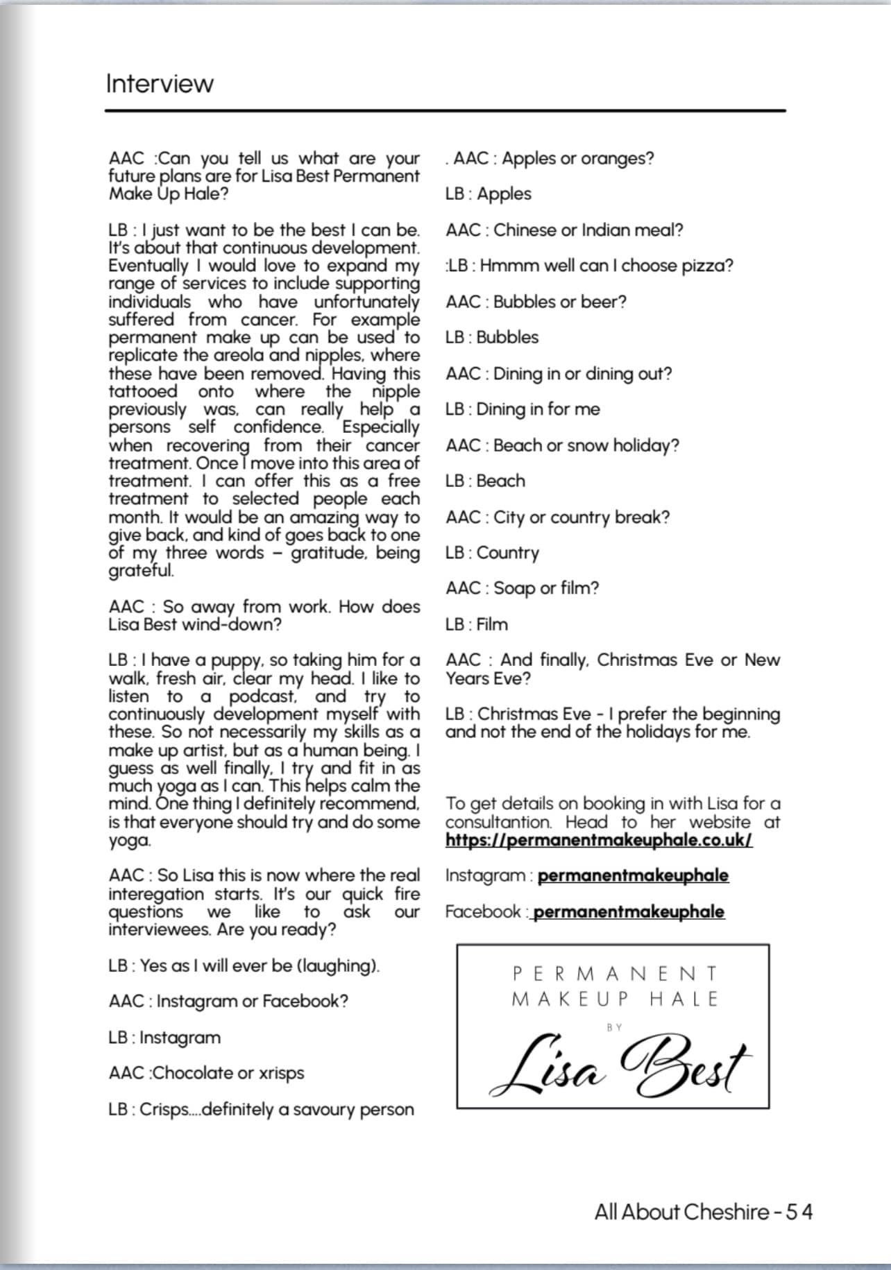 Cheshire Magazine 4th page transcribe of interview with Lisa Best.