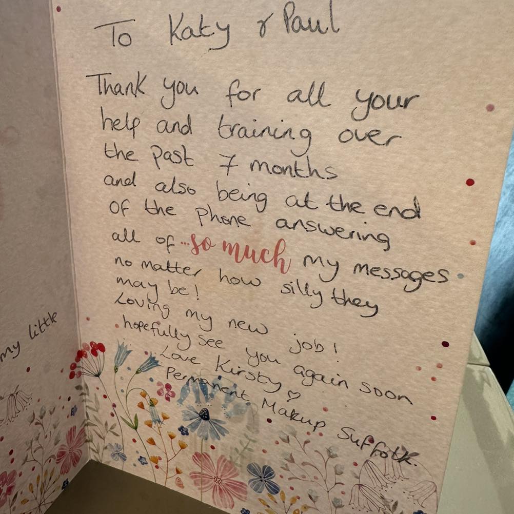 Kirsty's thank you card message for Katy