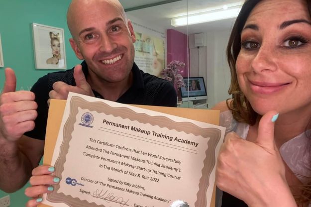 Lee with his Permanent Makeup Training Certificate with Katy Jobbins