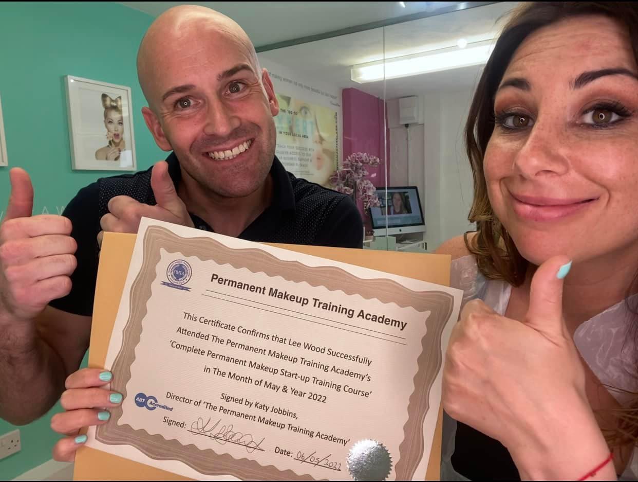 Lee with his Permanent Makeup Training Certificate with Katy Jobbins