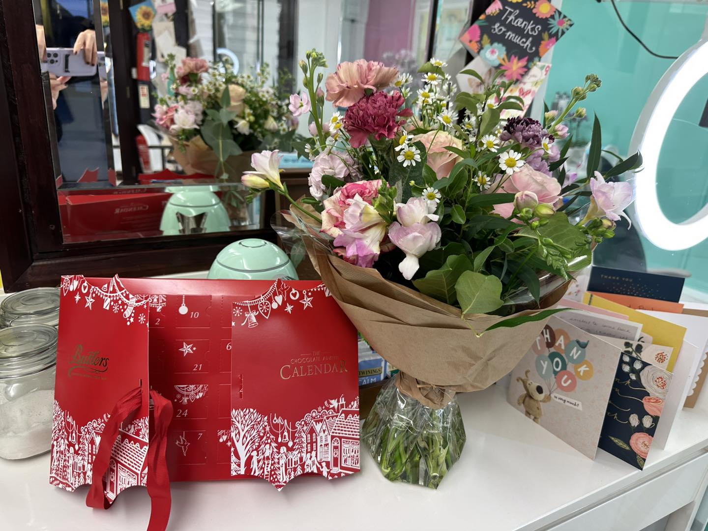 Kate's gift of flowers and a chocolate advent calendar