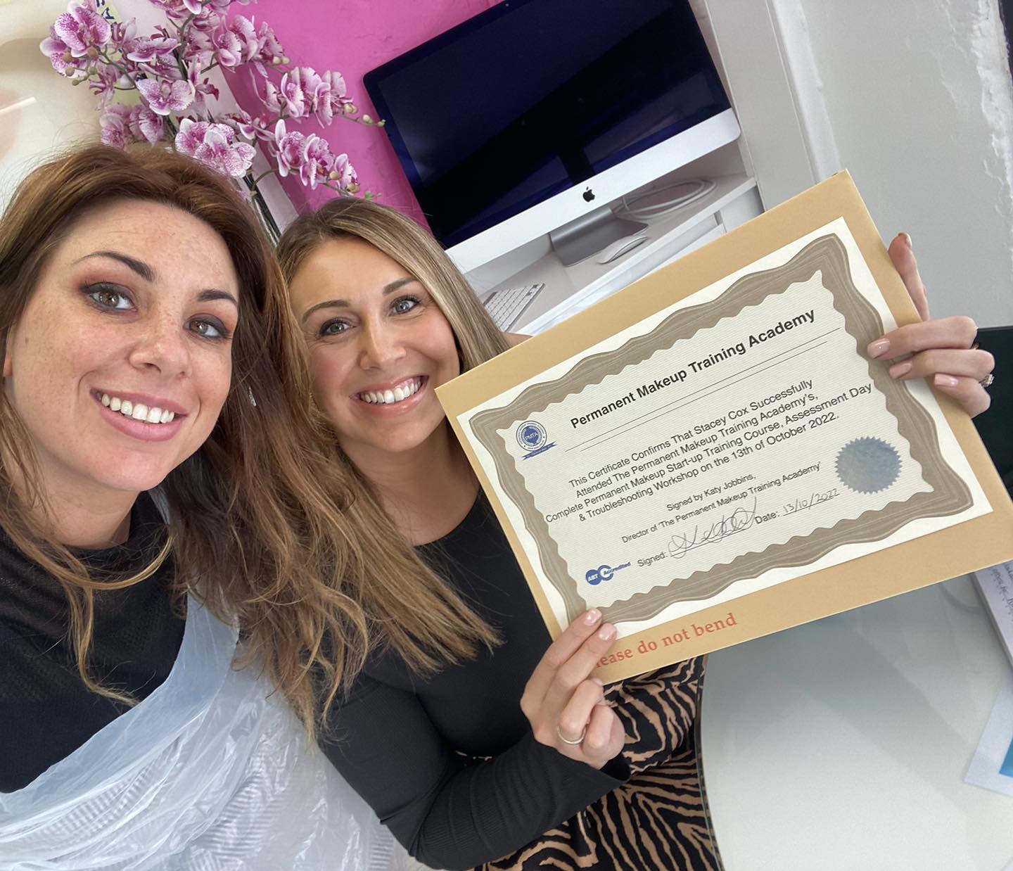Stacey getting her Permanent Makeup Training Certificate From Katy Jobbins