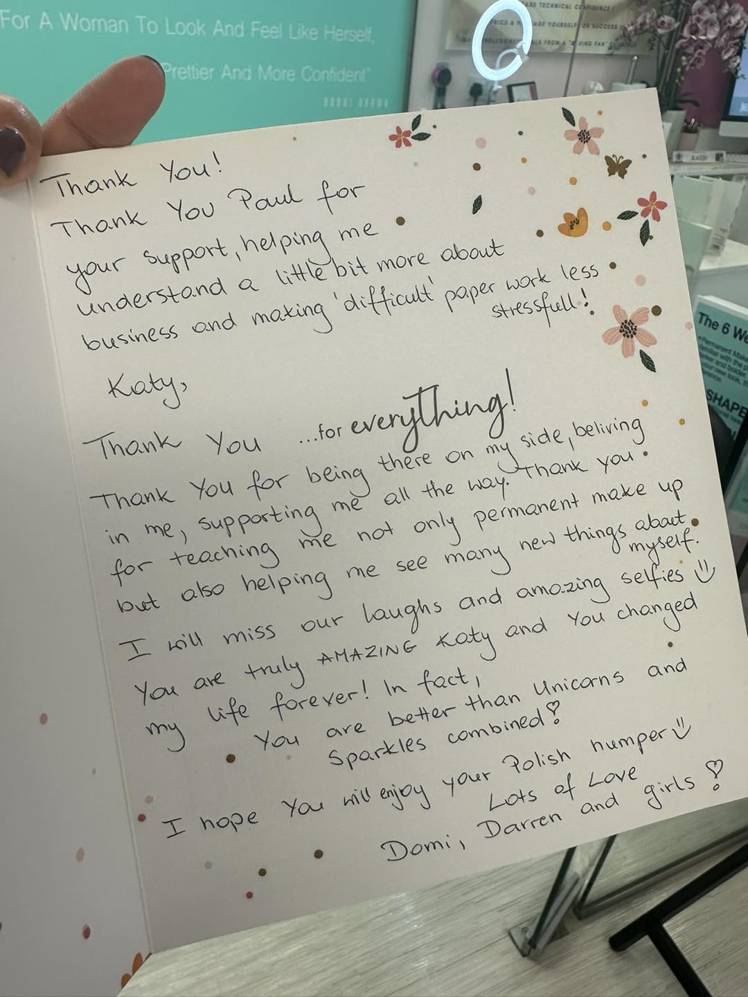 Dominika's thank you card to Paul & Katy