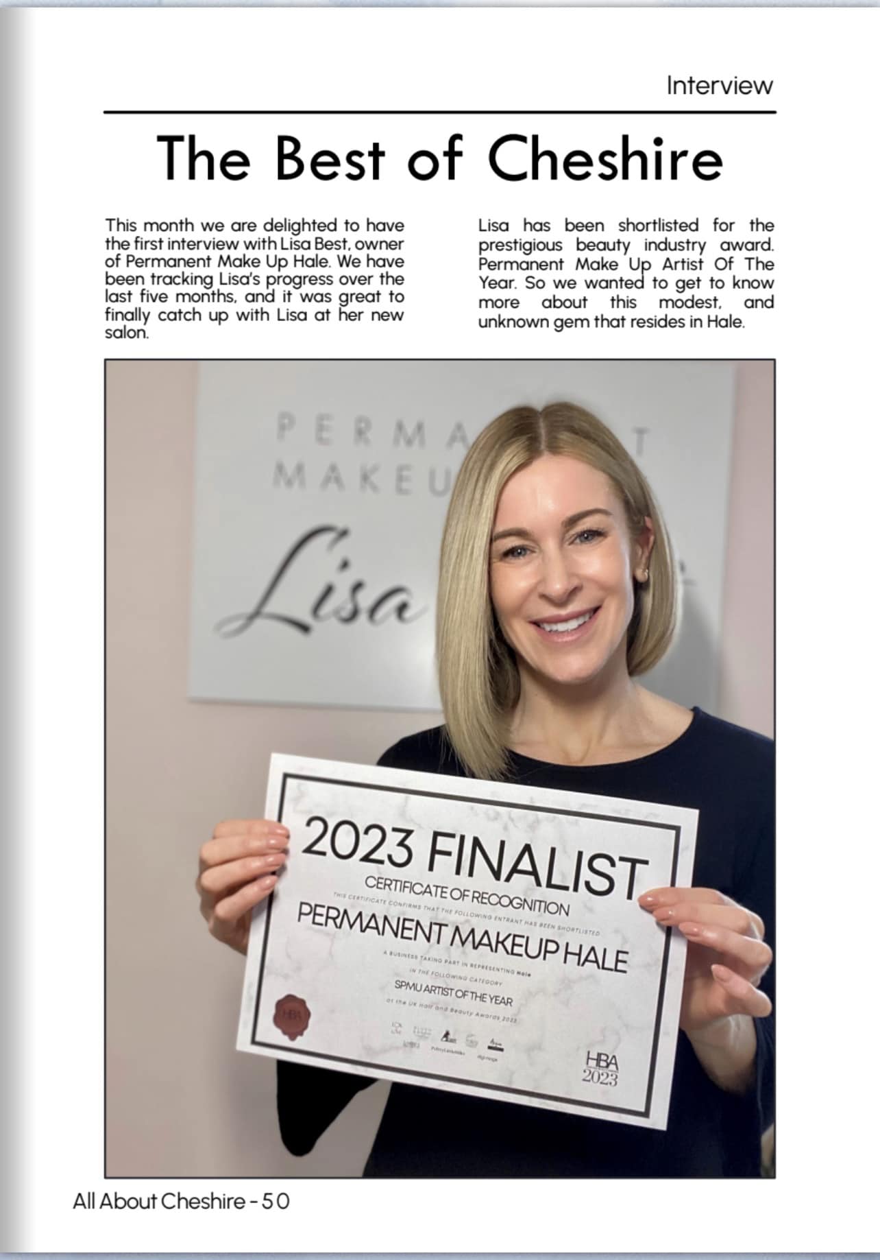 Cheshire Magazine Introduction page with image of Lisa Best with her beauty award certificate