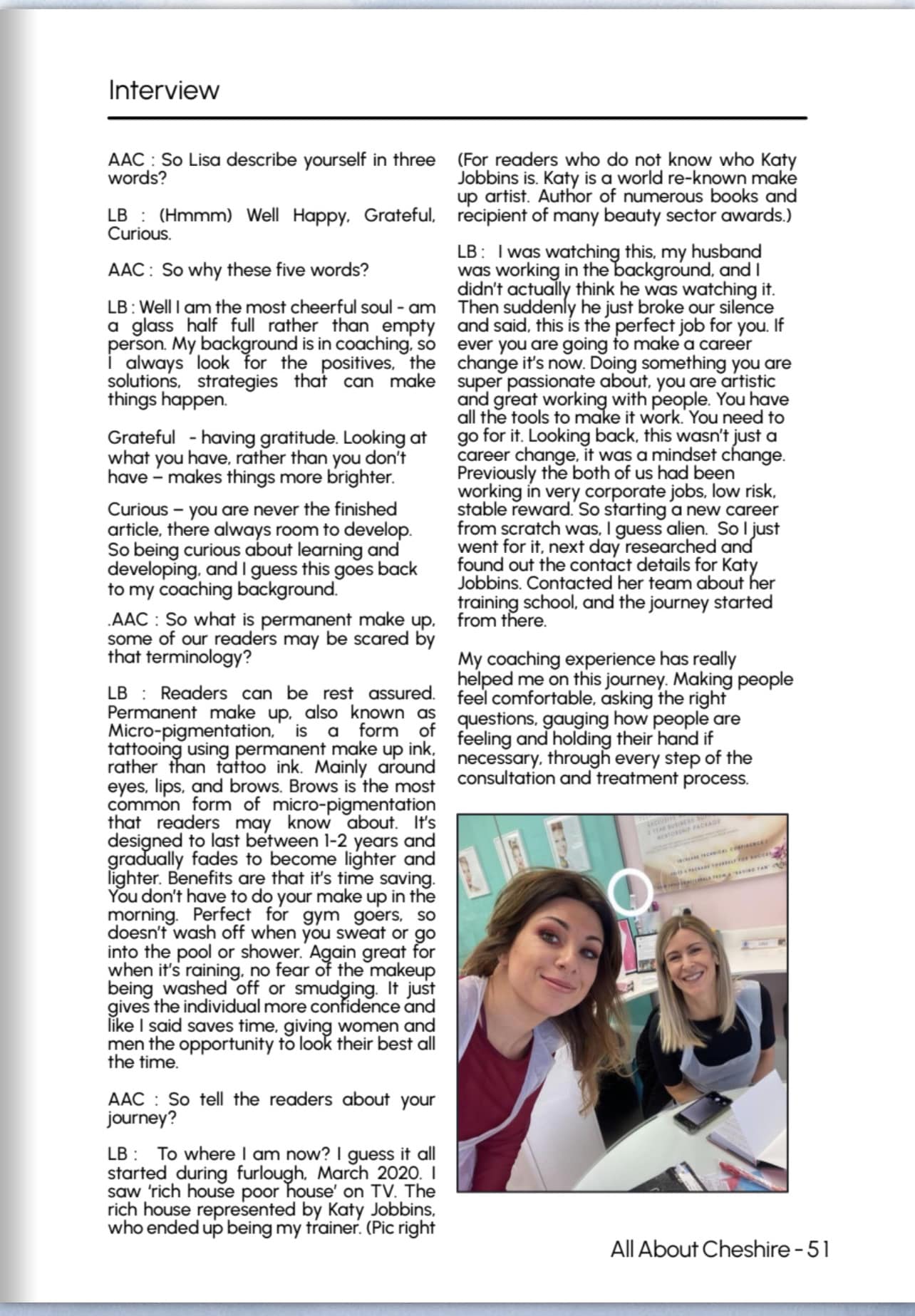 Cheshire Magazine 1st page transcribe of interview with Lisa Best.