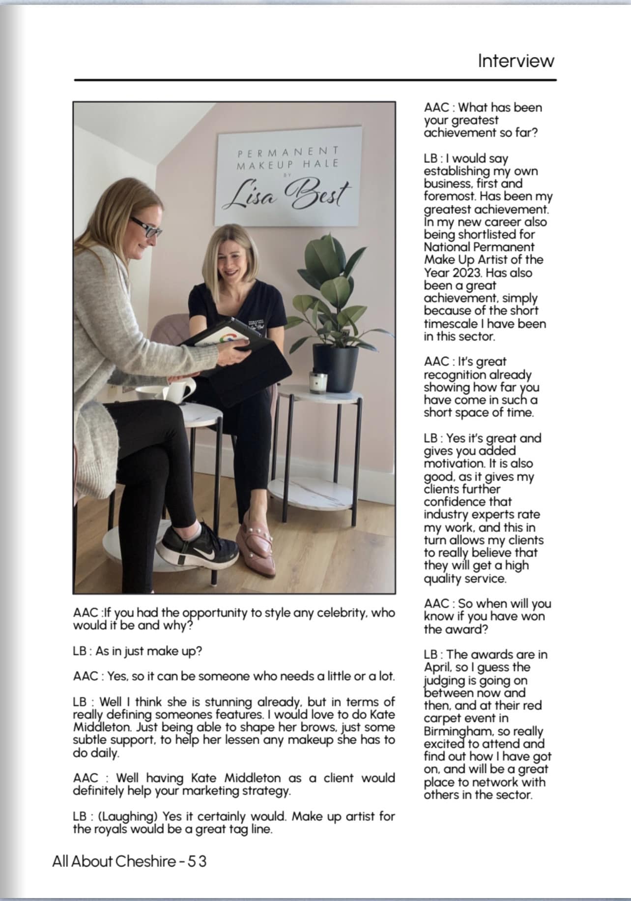 Cheshire Magazine 3rd page transcribe of interview with Lisa Best.