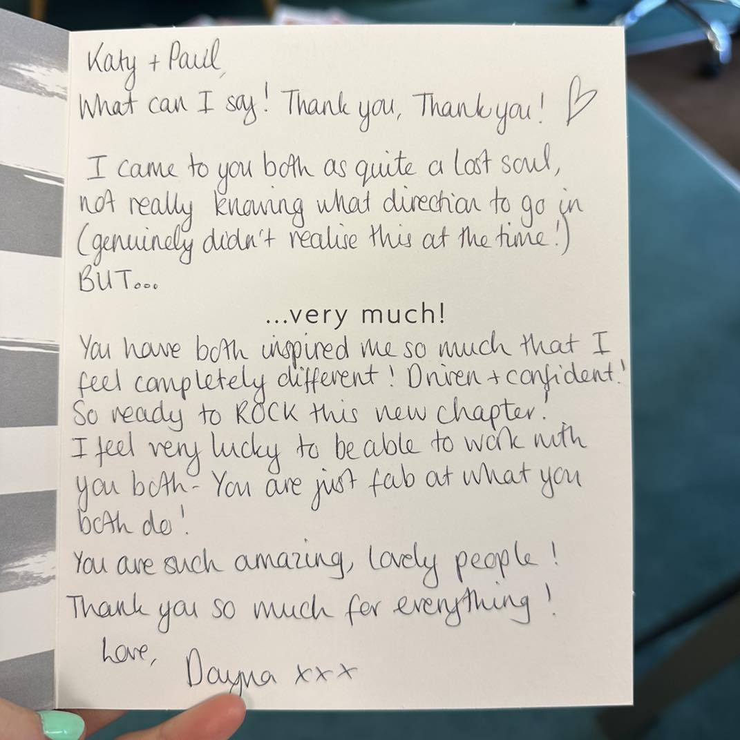 Dayna's Thank you card message to Katy & Paul