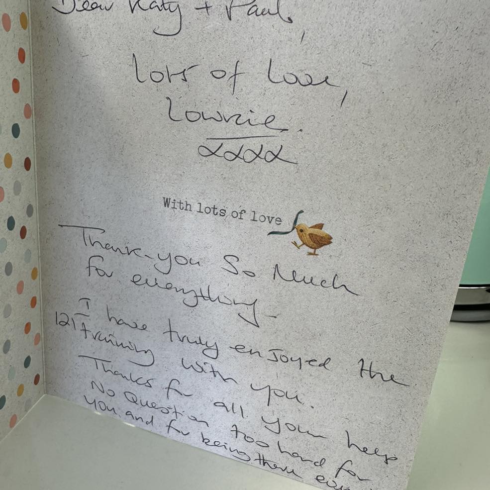 Lowrie's thank you card message to Katy & Paul.