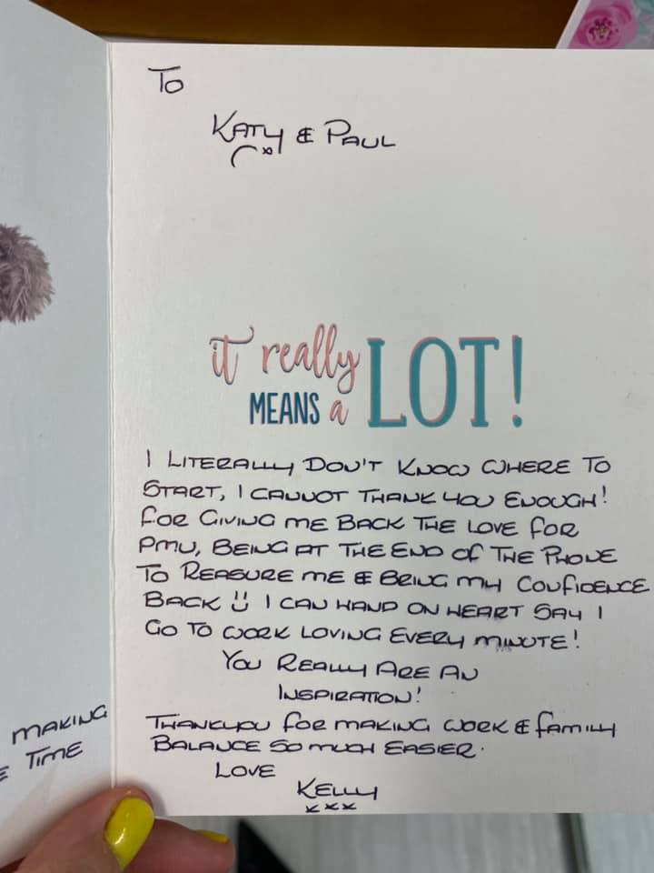 Kelly's thank you card to Katy