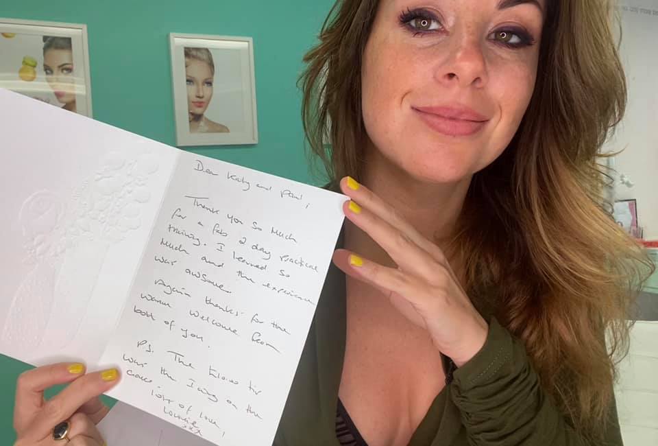 Lowrie's thank you message to Katy inside the card